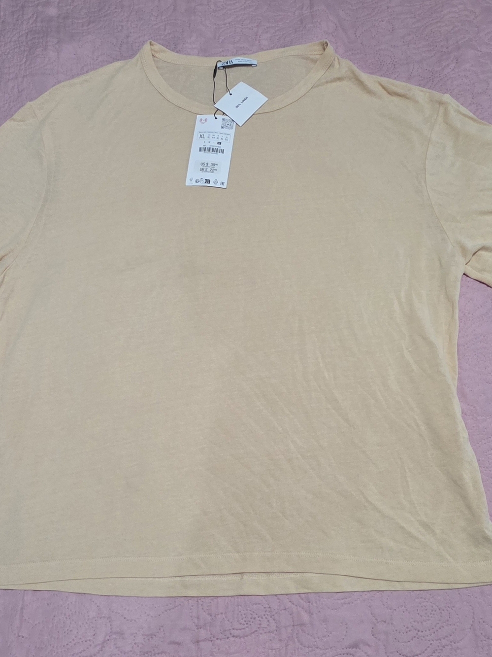 Zara Pale Beige Linen Blend Crewneck Tee